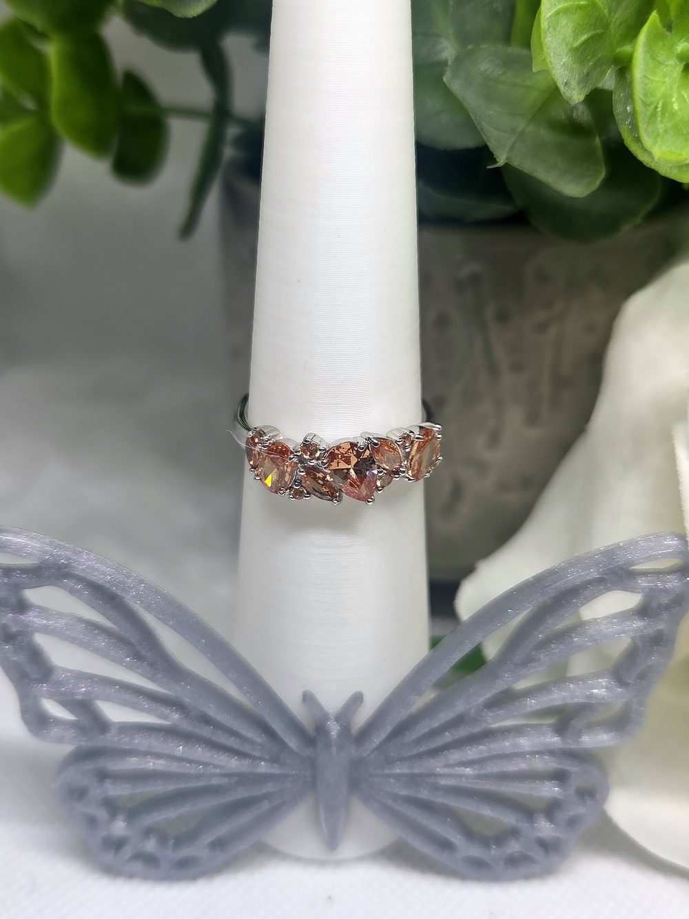 BP Smokey Topaz Ring with Crystal Accents On Rhodium Plating
